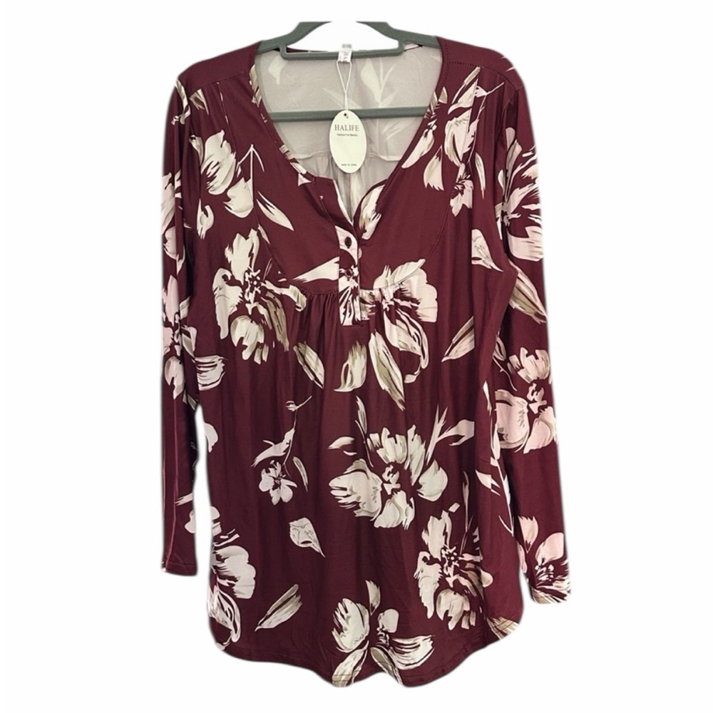 Halife Woman’s Burgundy & Cream Floral V-Neck Long Sleeve Tunic Size XL PTP 22”